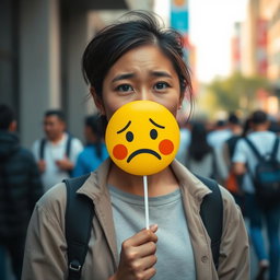 A person with a thoughtful expression, holding a sad emoji face mask in their hand