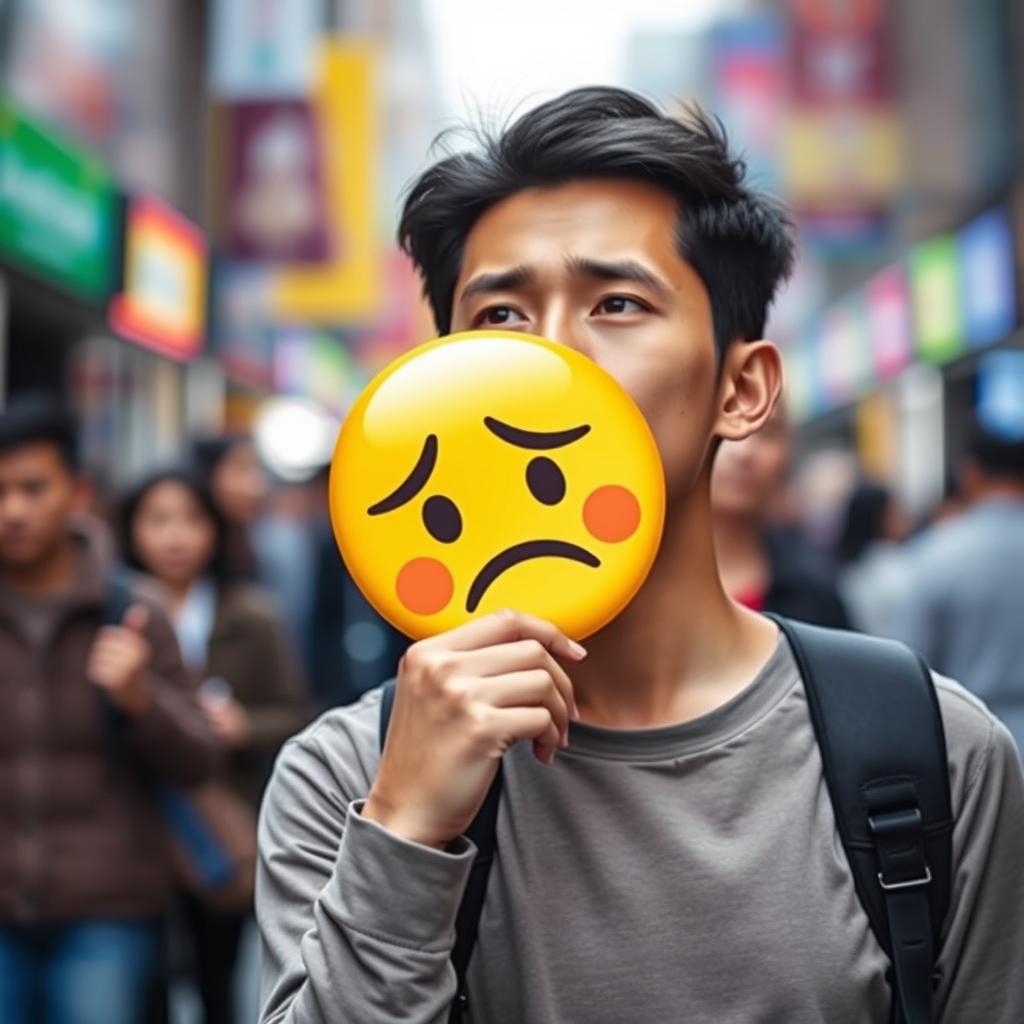 A person with a thoughtful expression, holding a sad emoji face mask in their hand