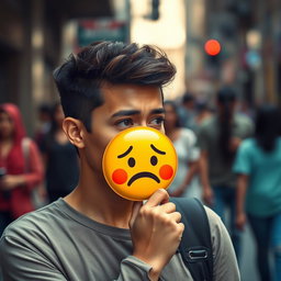 A person with a thoughtful expression, holding a sad emoji face mask in their hand