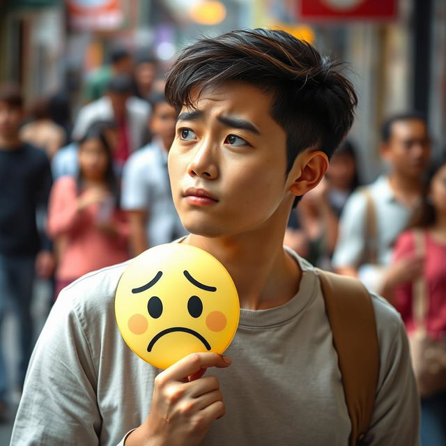 A person with a thoughtful expression, holding a sad emoji face mask in their hand