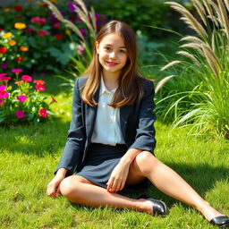A teenage girl sits gracefully on a lush, green garden lawn, surrounded by vibrant flowers in various colors and tall, swaying grass