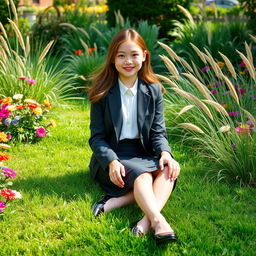 A teenage girl sits gracefully on a lush, green garden lawn, surrounded by vibrant flowers in various colors and tall, swaying grass