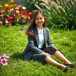 A teenage girl sits gracefully on a lush, green garden lawn, surrounded by vibrant flowers in various colors and tall, swaying grass
