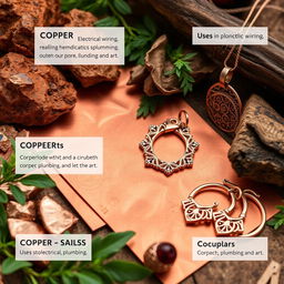 An artistic representation showcasing copper in various forms, including raw copper ore, polished copper sheets, and intricate copper jewelry