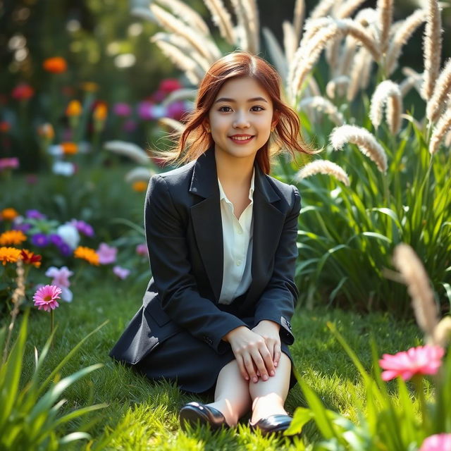 A teenage girl sits gracefully on a lush, green garden lawn, surrounded by vibrant flowers in various colors and tall, swaying grass