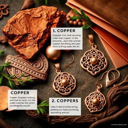 An artistic representation showcasing copper in various forms, including raw copper ore, polished copper sheets, and intricate copper jewelry