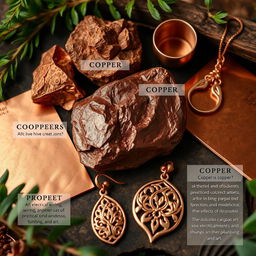 An artistic representation showcasing copper in various forms, including raw copper ore, polished copper sheets, and intricate copper jewelry