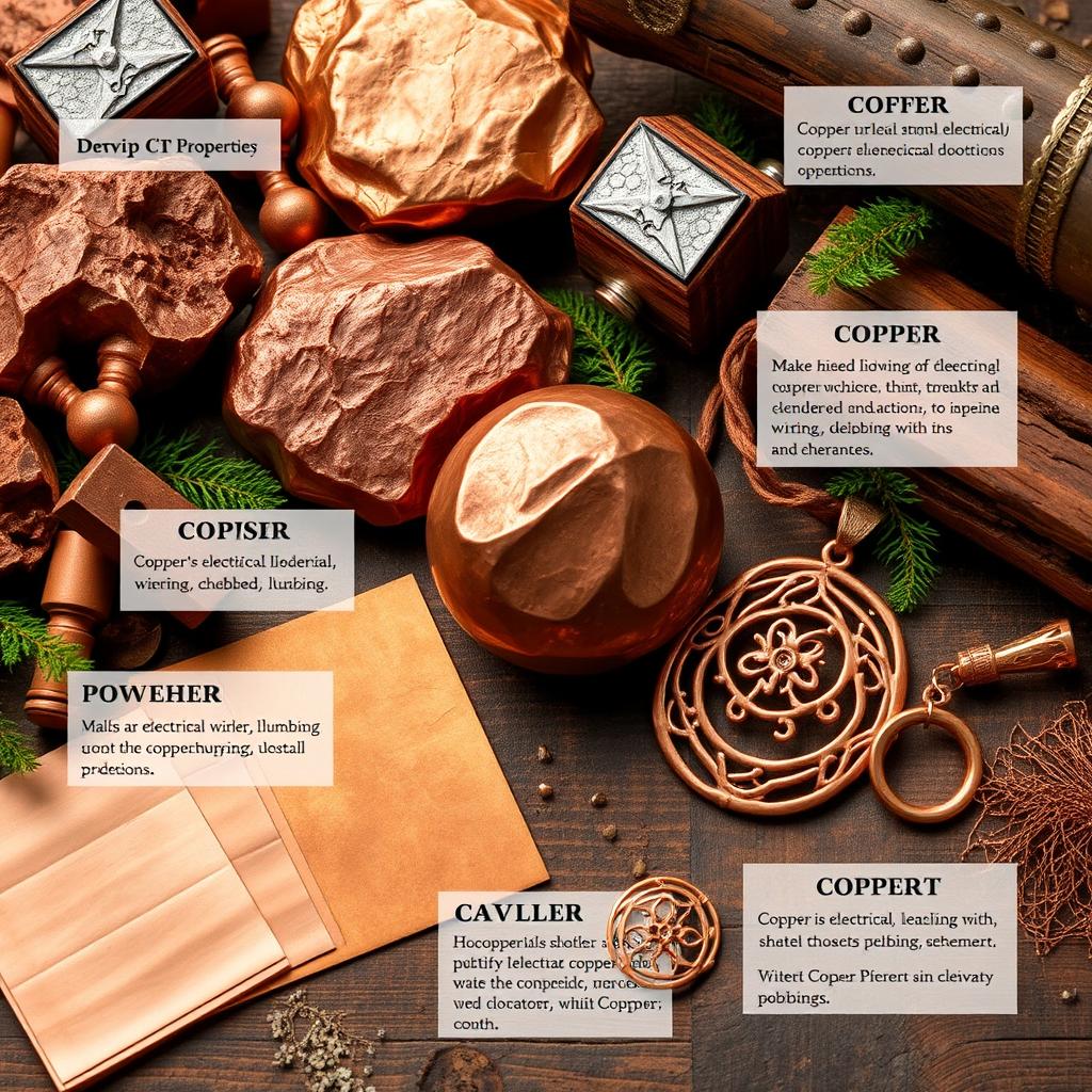 An artistic representation showcasing copper in various forms, including raw copper ore, polished copper sheets, and intricate copper jewelry