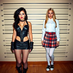 A full-length police line-up wall photograph showcasing two stunning 18-year-old girls