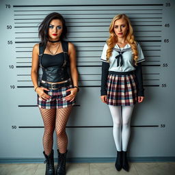 A full-length police line-up wall photograph showcasing two stunning 18-year-old girls