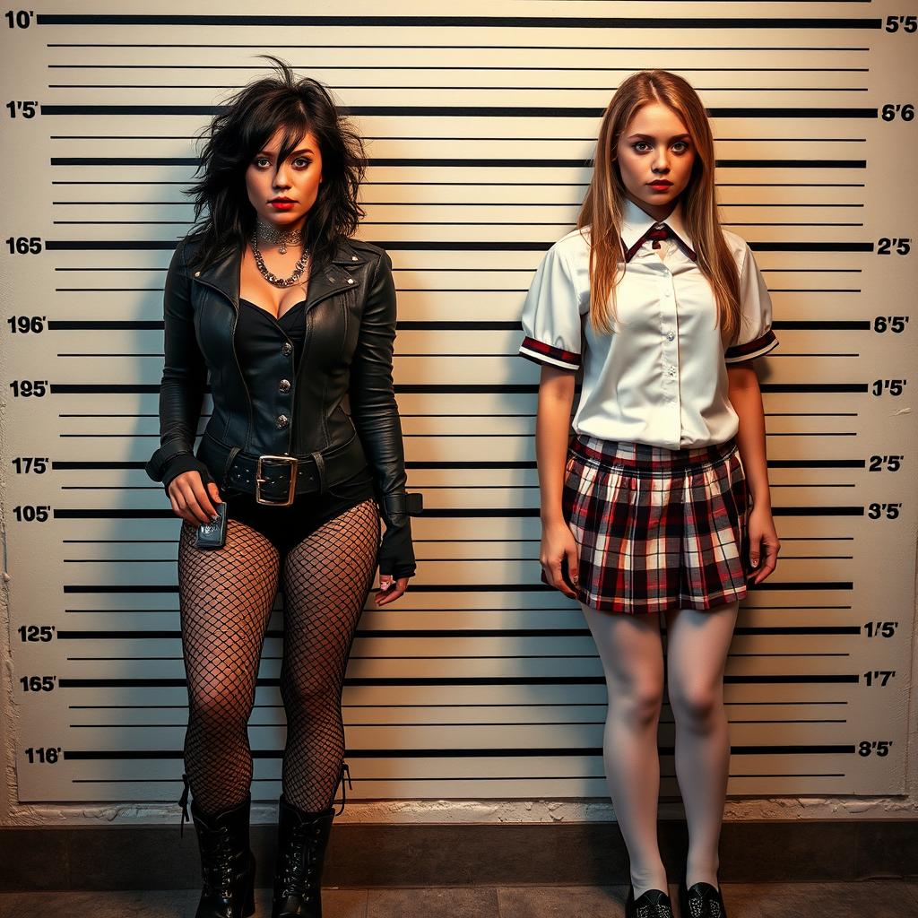 A full-length police line-up wall photograph showcasing two stunning 18-year-old girls