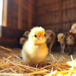 A cute day-old chick, fluffy and yellow with tiny feathers, sitting gently on a soft bed of straw