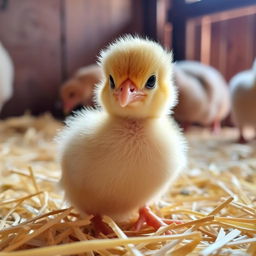 A cute day-old chick, fluffy and yellow with tiny feathers, sitting gently on a soft bed of straw
