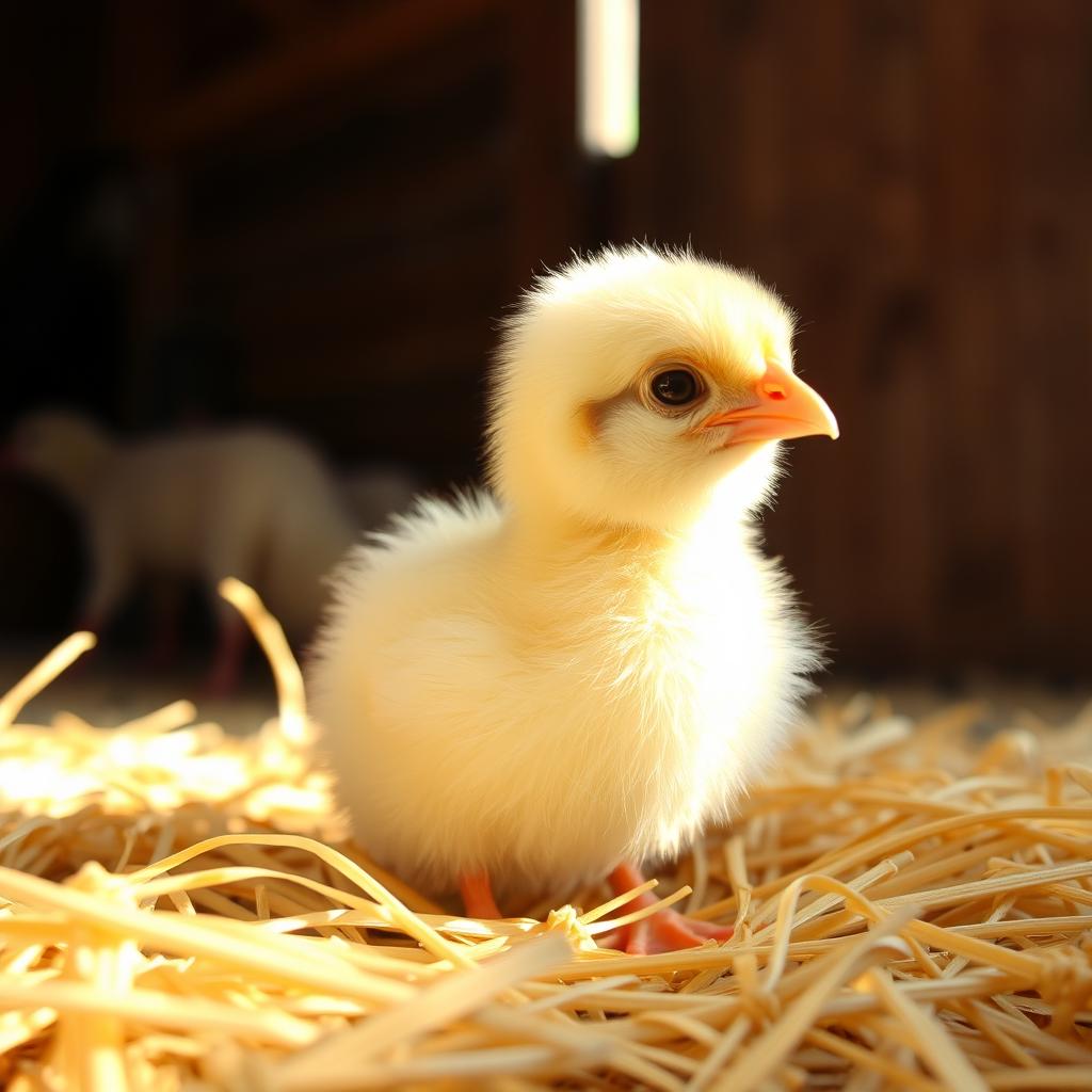 A cute day-old chick, fluffy and yellow with tiny feathers, sitting gently on a soft bed of straw