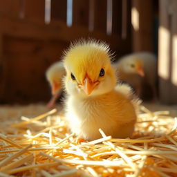 A cute day-old chick, fluffy and yellow with tiny feathers, sitting gently on a soft bed of straw