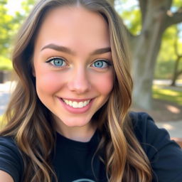 A close-up selfie of a young woman with long, wavy brown hair, bright blue eyes, and a charming smile