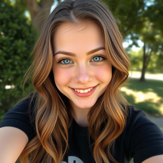 A close-up selfie of a young woman with long, wavy brown hair, bright blue eyes, and a charming smile