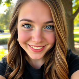 A close-up selfie of a young woman with long, wavy brown hair, bright blue eyes, and a charming smile