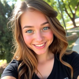 A close-up selfie of a young woman with long, wavy brown hair, bright blue eyes, and a charming smile