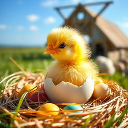 A cute baby chick hatching from an egg, with fluffy yellow feathers, sitting in a cozy nest filled with straw and colorful eggs