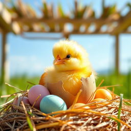 A cute baby chick hatching from an egg, with fluffy yellow feathers, sitting in a cozy nest filled with straw and colorful eggs