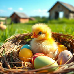 A cute baby chick hatching from an egg, with fluffy yellow feathers, sitting in a cozy nest filled with straw and colorful eggs