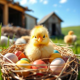 A cute baby chick hatching from an egg, with fluffy yellow feathers, sitting in a cozy nest filled with straw and colorful eggs