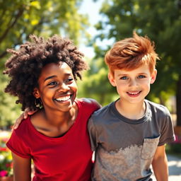 A vibrant and joyful scene featuring a beautiful Black girl with curly hair styled in an afro