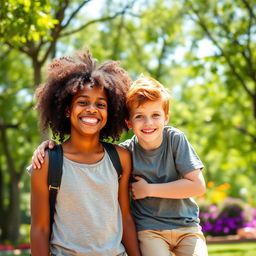 A vibrant and joyful scene featuring a beautiful Black girl with curly hair styled in an afro