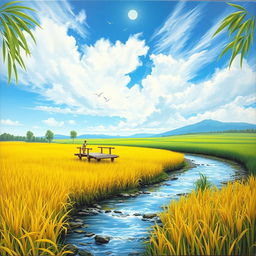 A realistic painting of a rice harvest in Indonesia, capturing the beautiful natural scenery