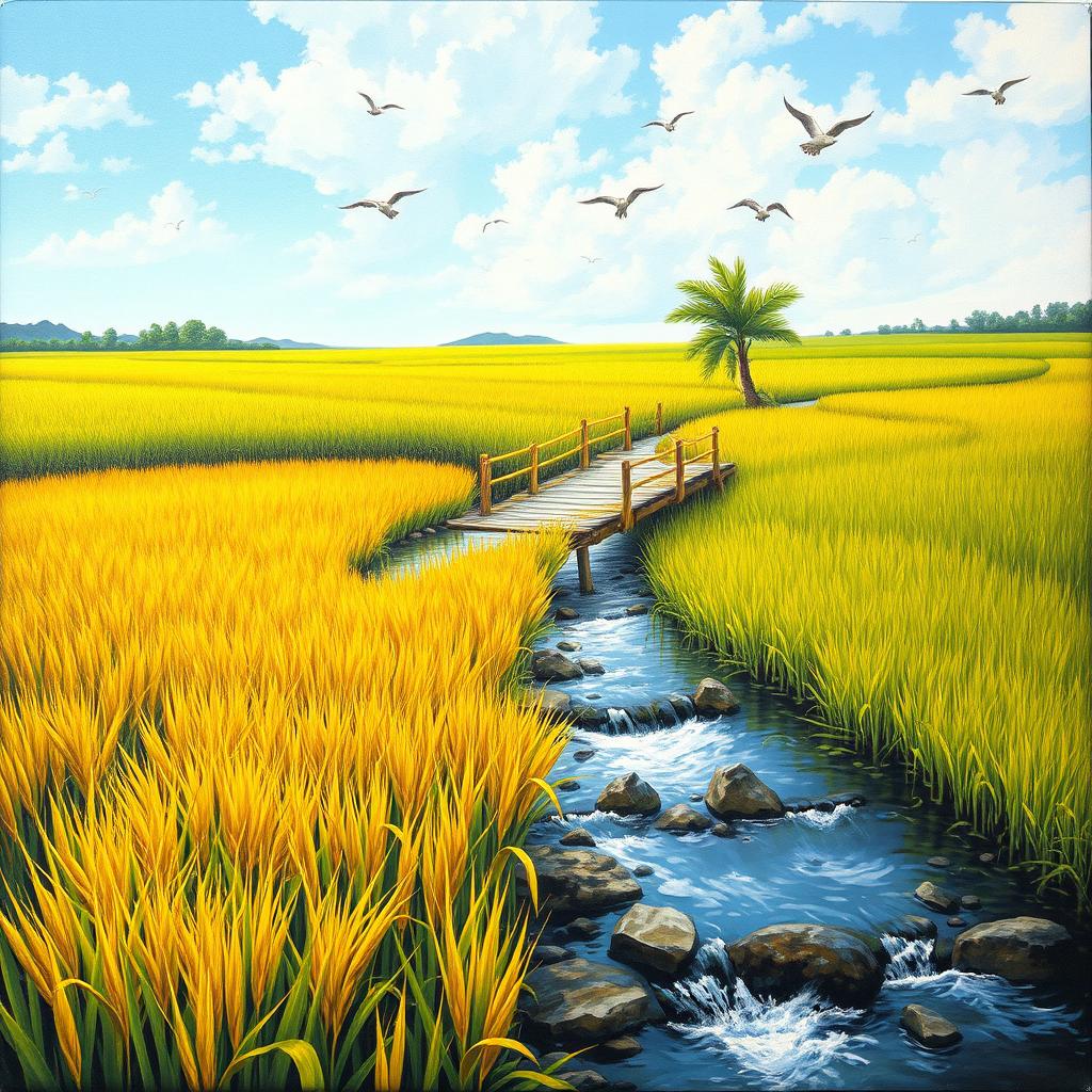A realistic painting of a rice harvest in Indonesia, capturing the beautiful natural scenery