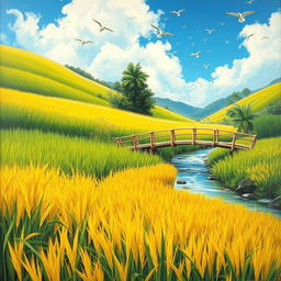 A realistic painting of a rice harvest in Indonesia, capturing the beautiful natural scenery