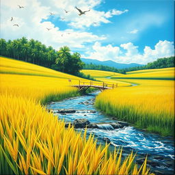 A realistic painting of a rice harvest in Indonesia, capturing the beautiful natural scenery