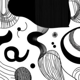 A monochromatic artwork featuring various abstract shapes and patterns composed entirely of black lines