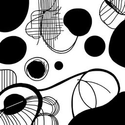 A monochromatic artwork featuring various abstract shapes and patterns composed entirely of black lines