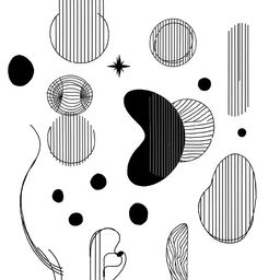A monochromatic artwork featuring various abstract shapes and patterns composed entirely of black lines
