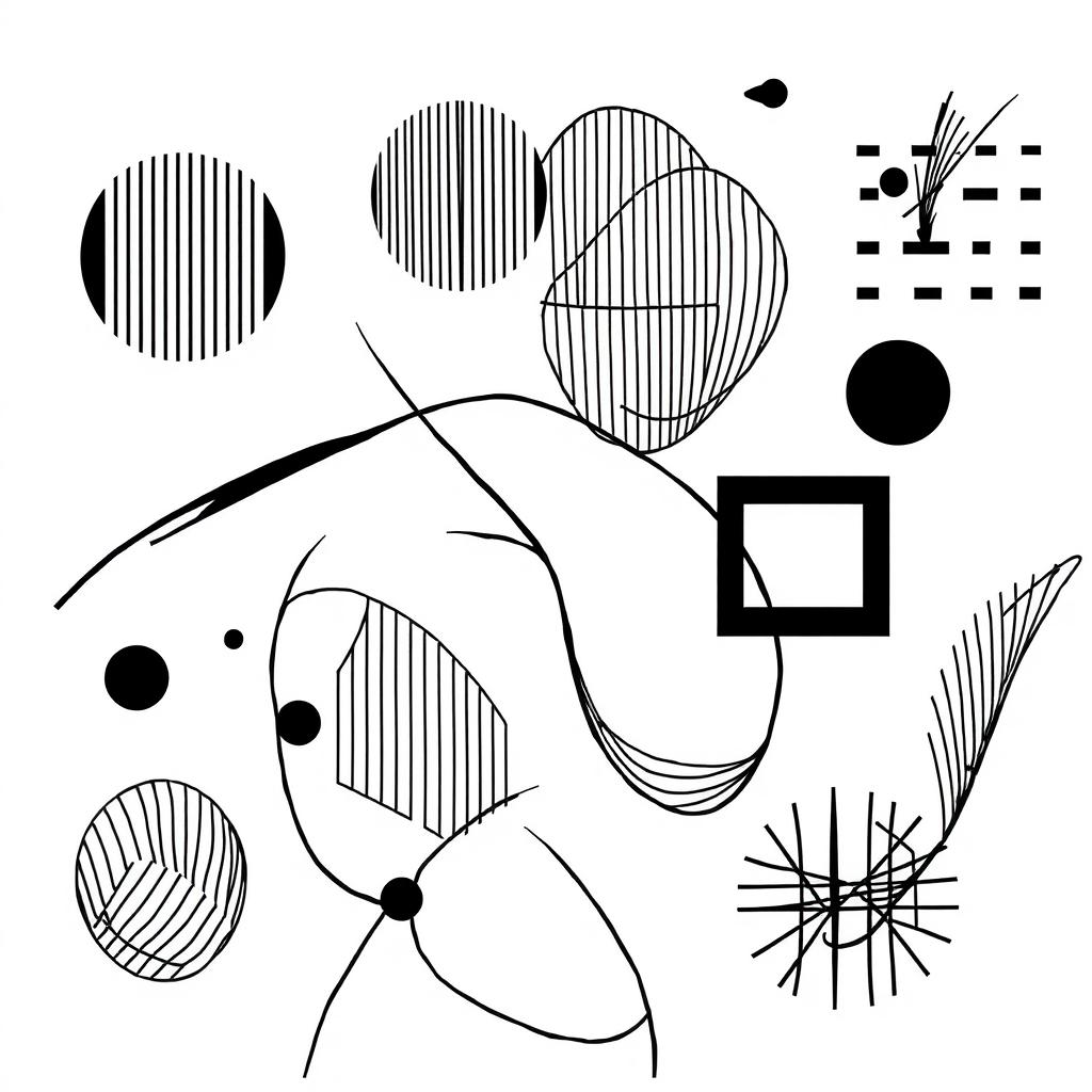 A monochromatic artwork featuring various abstract shapes and patterns composed entirely of black lines