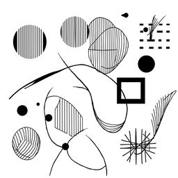 A monochromatic artwork featuring various abstract shapes and patterns composed entirely of black lines