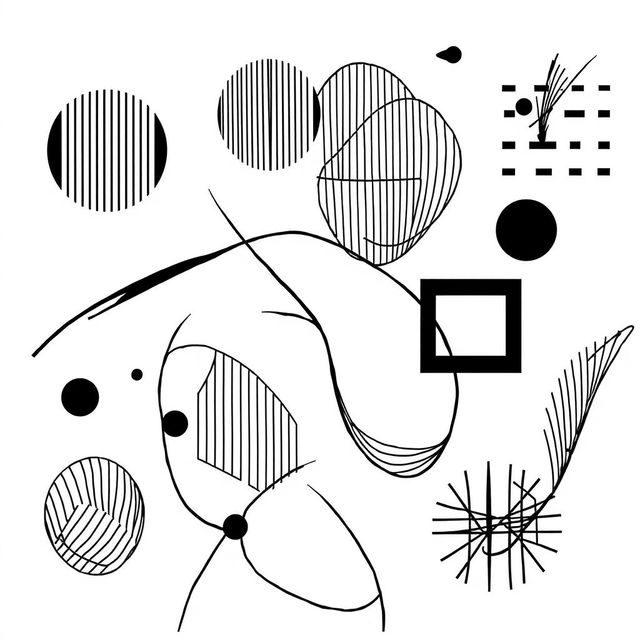 A monochromatic artwork featuring various abstract shapes and patterns composed entirely of black lines