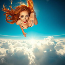 A sexy redhead with striking red lips and enchanting brown eyes, wearing alluring lingerie, dramatically falling from a bright blue sky