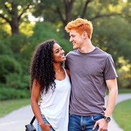 A charming biracial couple: a beautiful black girl with long, curly hair, wearing a stylish casual outfit, and a handsome white boy with vibrant red hair, sporting a trendy t-shirt and jeans