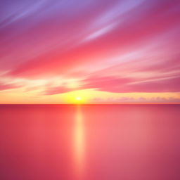 Create a serene sunset over the ocean, featuring sparkling water, an orange-pink sky and soft, fluffy clouds.