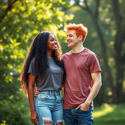 A charming biracial couple: a beautiful black girl with long, curly hair, wearing a stylish casual outfit, and a handsome white boy with vibrant red hair, sporting a trendy t-shirt and jeans