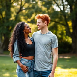 A charming biracial couple: a beautiful black girl with long, curly hair, wearing a stylish casual outfit, and a handsome white boy with vibrant red hair, sporting a trendy t-shirt and jeans