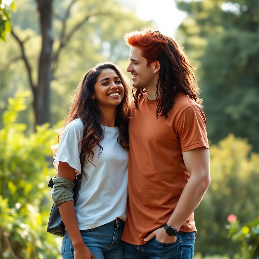 A charming biracial couple: a beautiful black girl with long, curly hair, wearing a stylish casual outfit, and a handsome white boy with vibrant red hair, sporting a trendy t-shirt and jeans