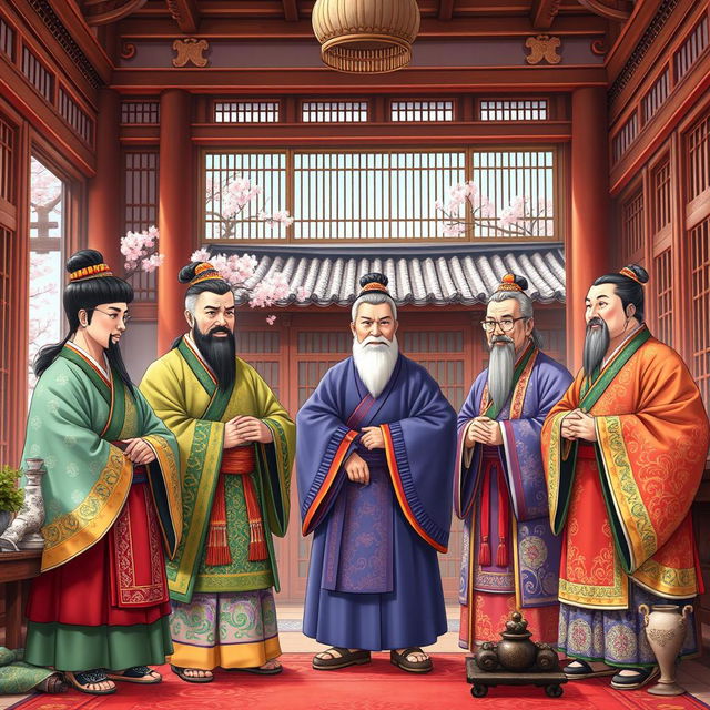 A detailed and vibrant scene depicting the ministers of the Joseon Dynasty in traditional attire, standing in a grand palace setting