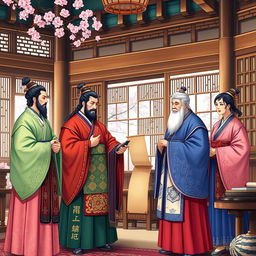 A detailed and vibrant scene depicting the ministers of the Joseon Dynasty in traditional attire, standing in a grand palace setting