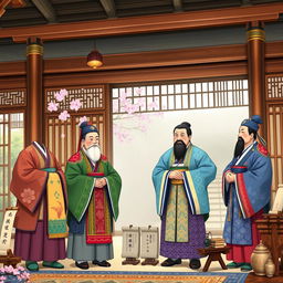 A detailed and vibrant scene depicting the ministers of the Joseon Dynasty in traditional attire, standing in a grand palace setting