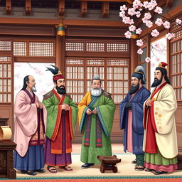 A detailed and vibrant scene depicting the ministers of the Joseon Dynasty in traditional attire, standing in a grand palace setting