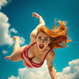 A sexy redhead woman in alluring lingerie with sultry brown eyes and vibrant red lips, suspended in mid-air as if falling from the sky